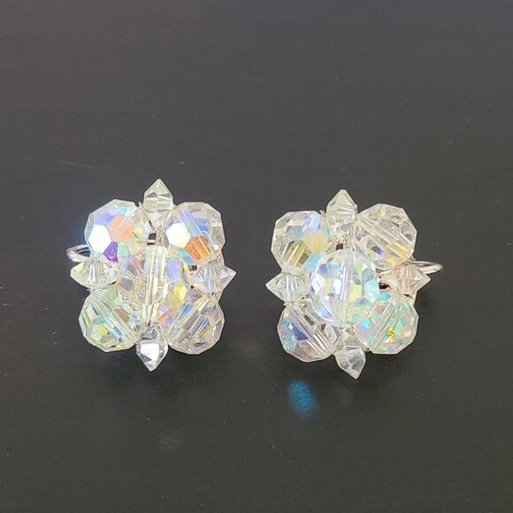 Vintage Coro Signed AB Cluster Earrings Clip On Crystal Silver Tone - Picture 1 of 8
